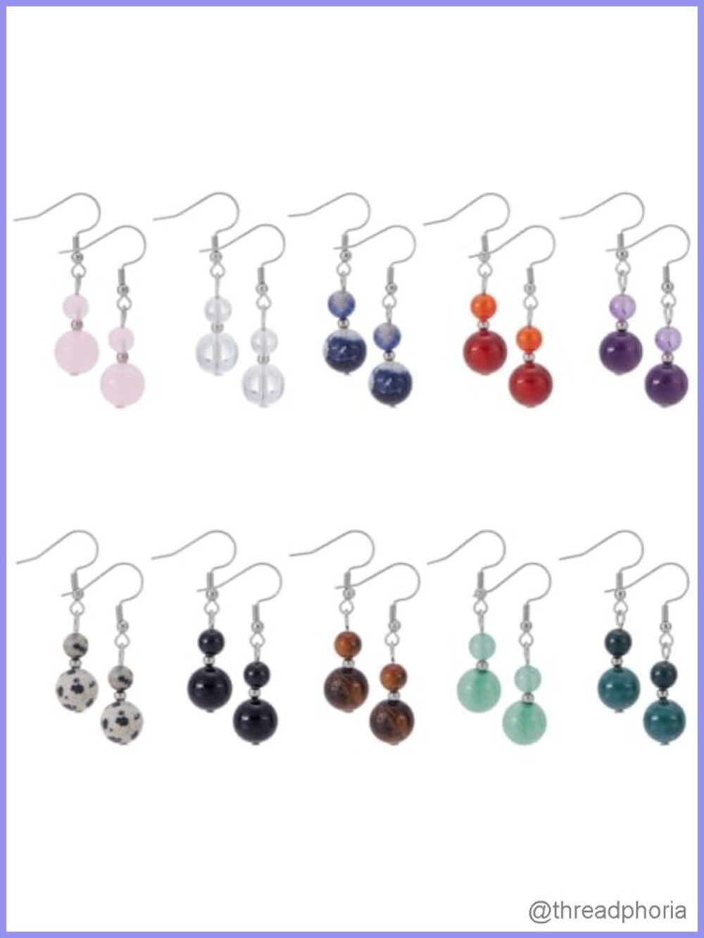 10 Pairs Natural Stone Beaded Dangle Earrings Stainless Steel Hypoallergenic